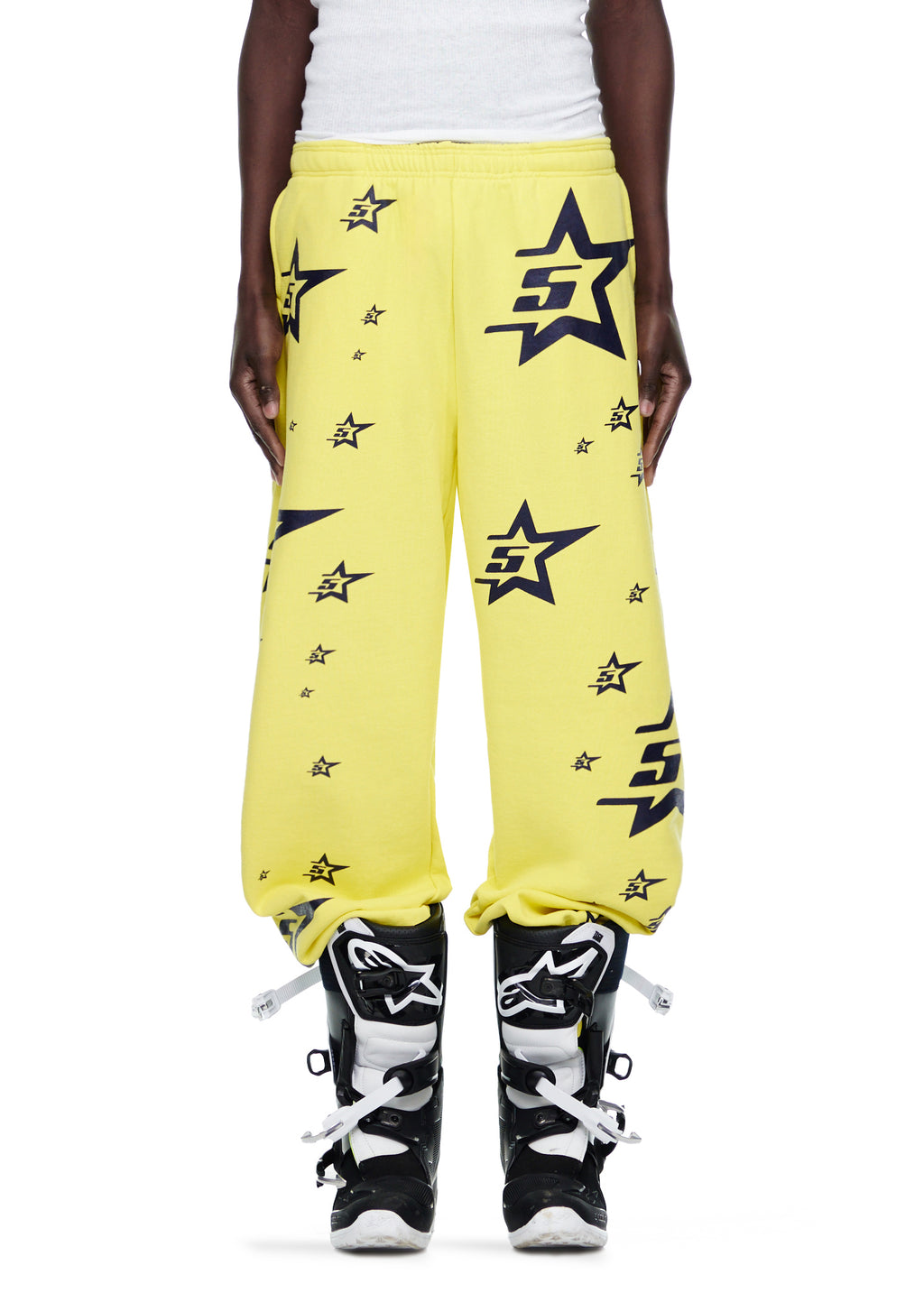 Yellow 5STAR SWEATPANTS with all-over navy star print, made from 23oz fleece.
