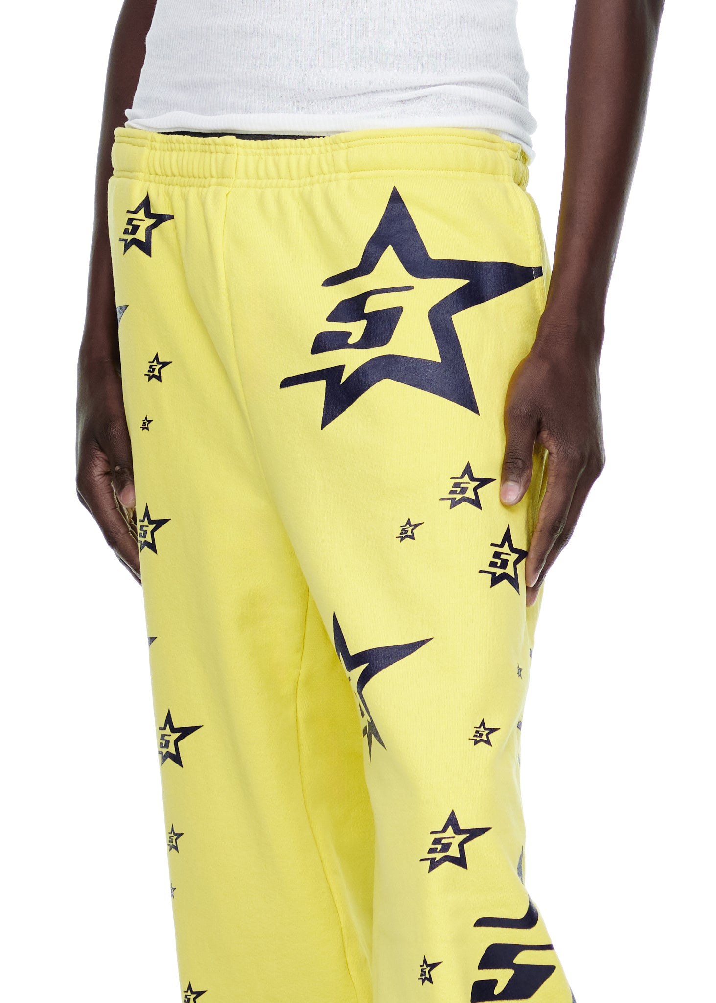 Yellow 5STAR SWEATPANT with all-over navy screen-printed star and "5" logo designs.