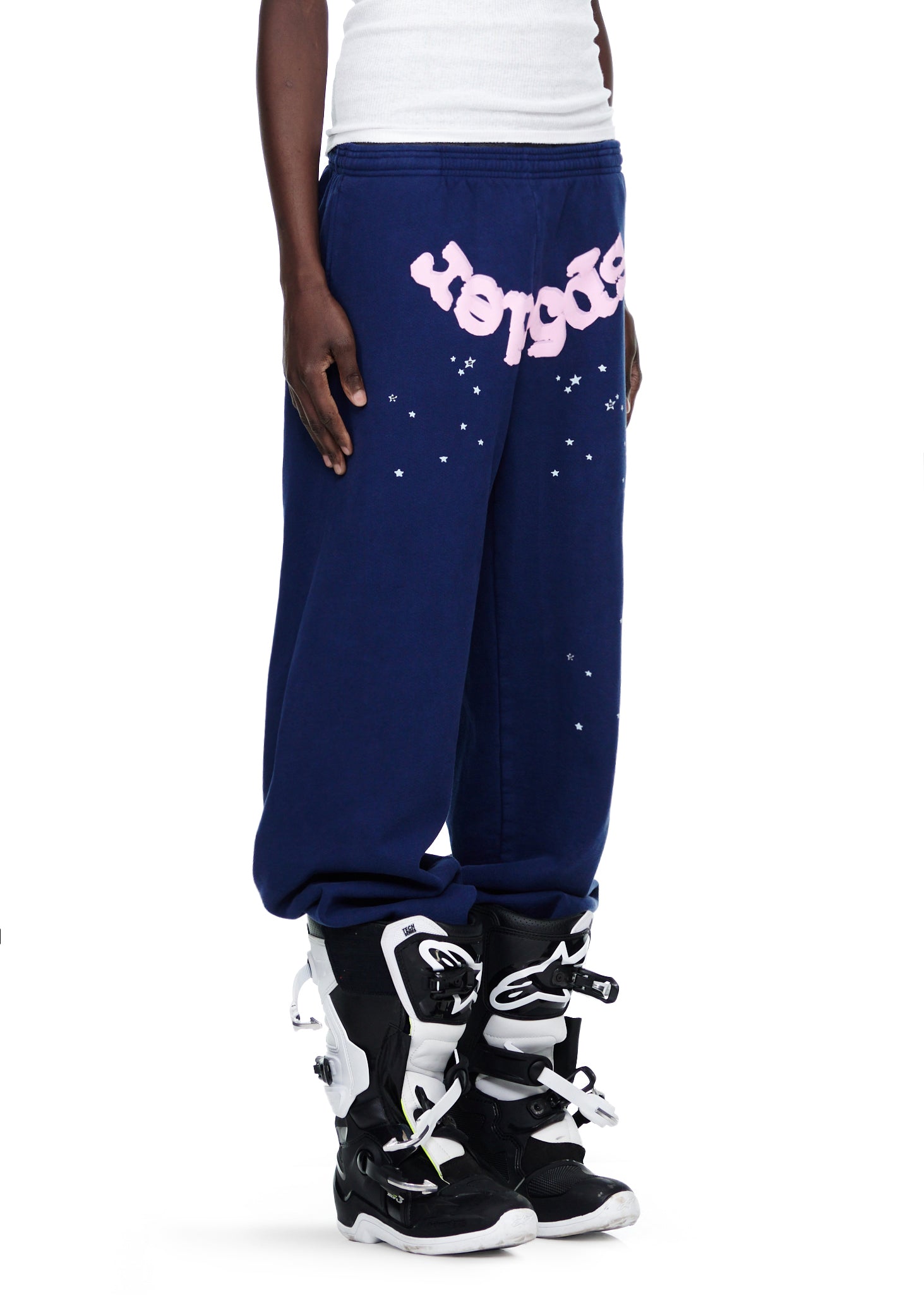 OG WEB SWEATPANT in navy 23oz fleece with pink puff print "Sp5der" text and scattered stars.