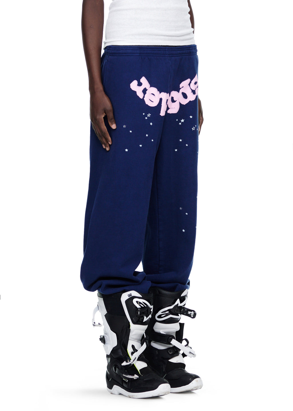 OG WEB SWEATPANT in navy 23oz fleece with pink puff print "Sp5der" text and scattered stars.