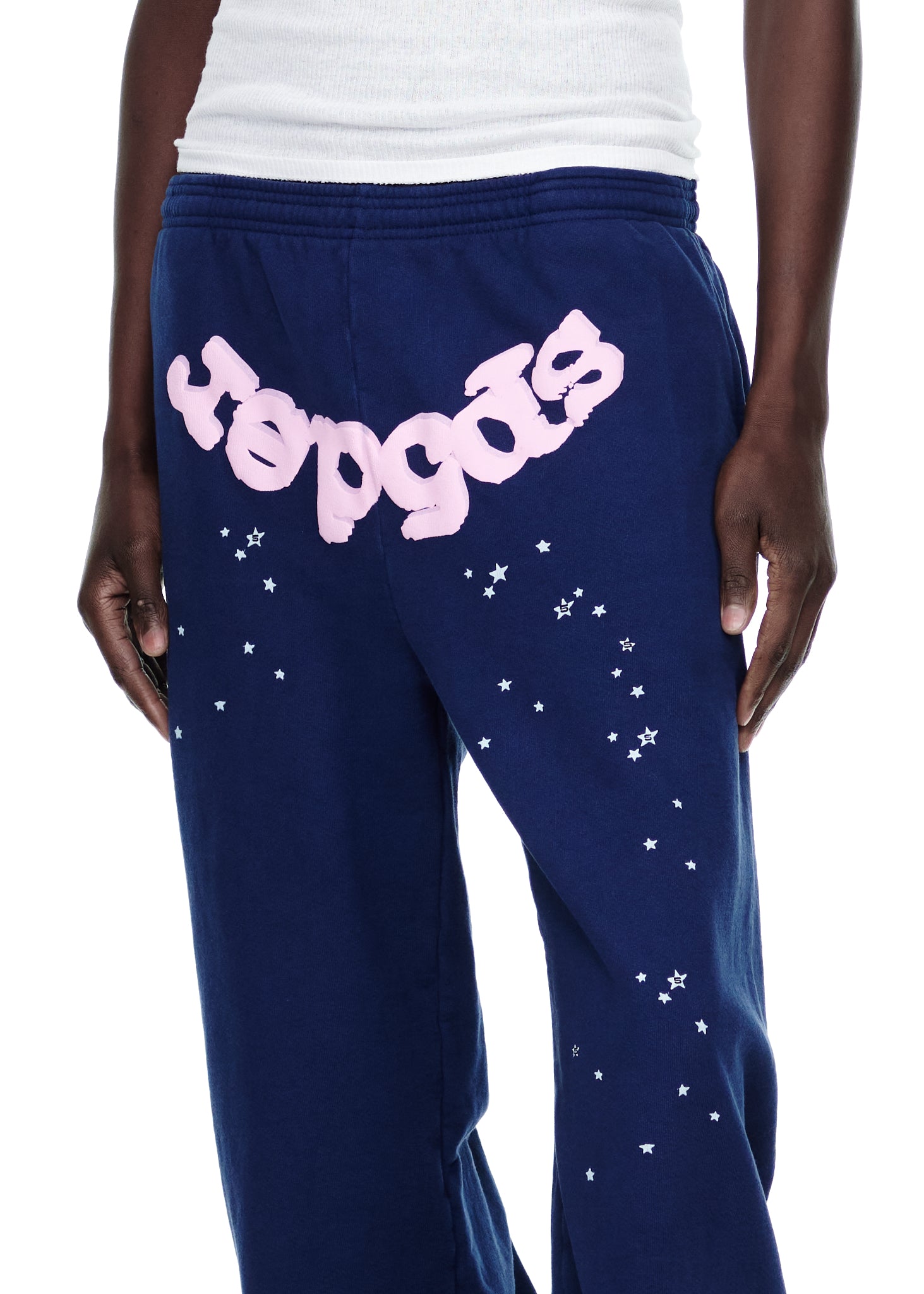 OG WEB SWEATPANT, navy 23oz fleece with pink puff print "sp5der" text and scattered white star print.