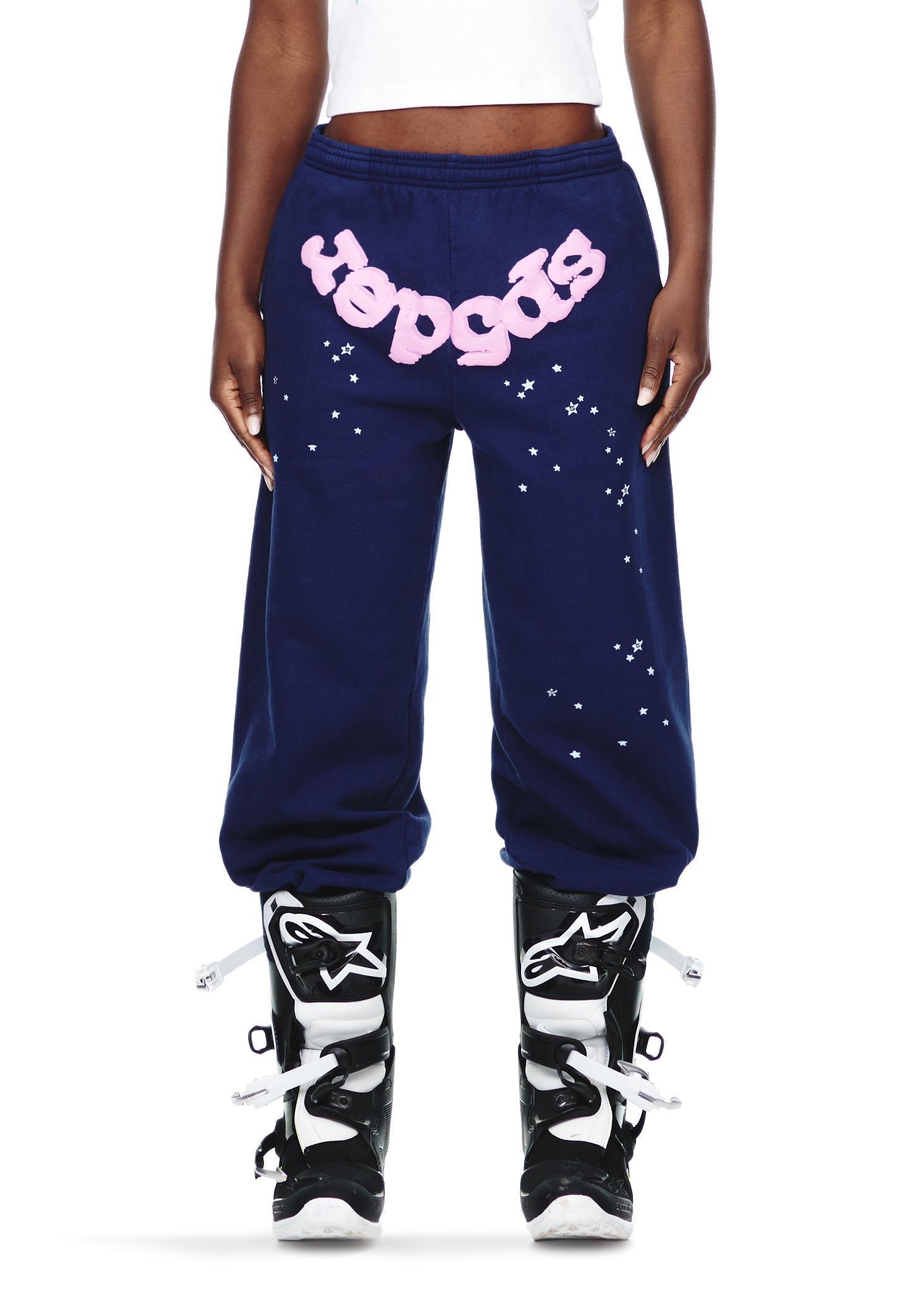 OG WEB SWEATPANT, navy 23oz fleece with pink puff print "Sp5der" text and scattered white stars.