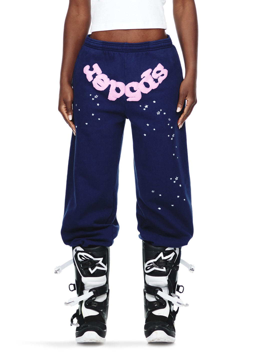 OG WEB SWEATPANT, navy 23oz fleece with pink puff print "Sp5der" text and scattered white stars.