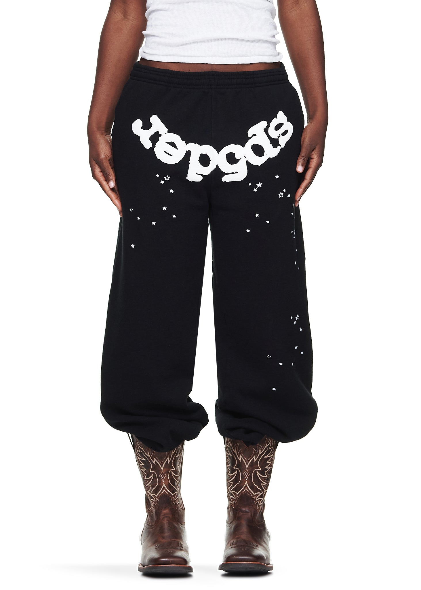 Black OG Web Sweatpants with white puff print "Sp5der" text and scattered stars.