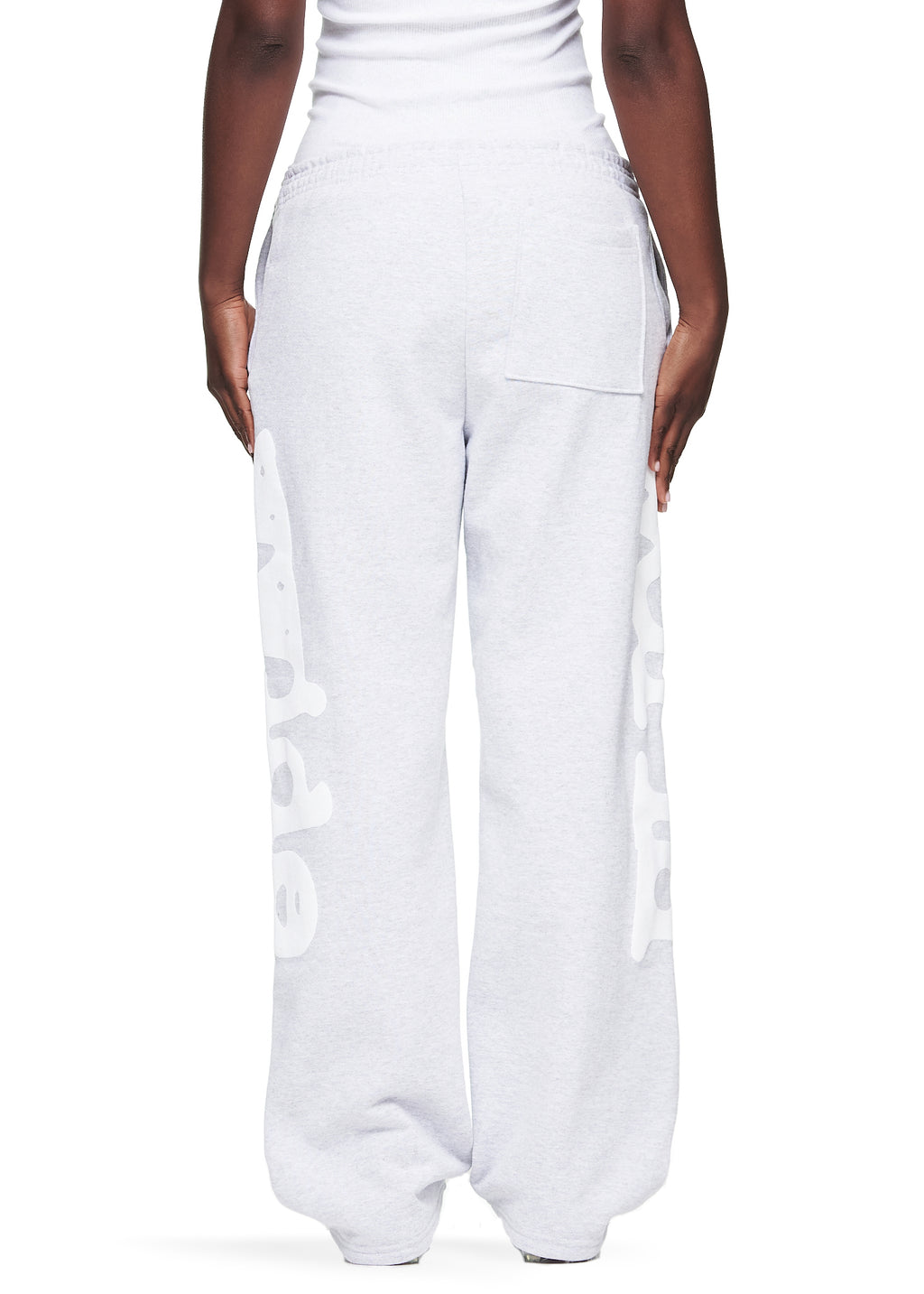 Women's straight leg Beluga sweatpants, light grey fleece with "Worldwide" puff print down both legs.