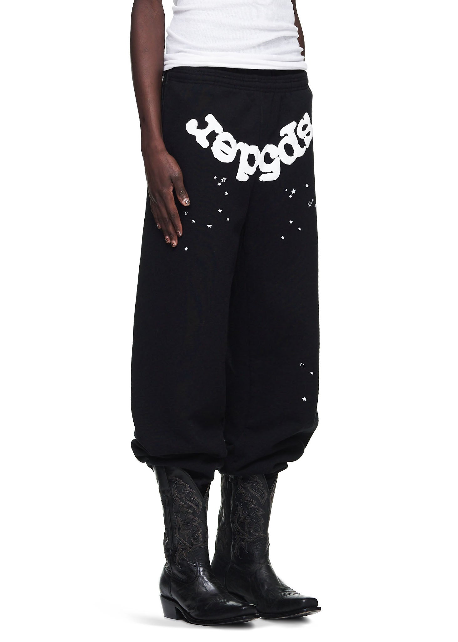 Black OG Web Sweatpant with white puff print "sp5der" text and scattered stars.