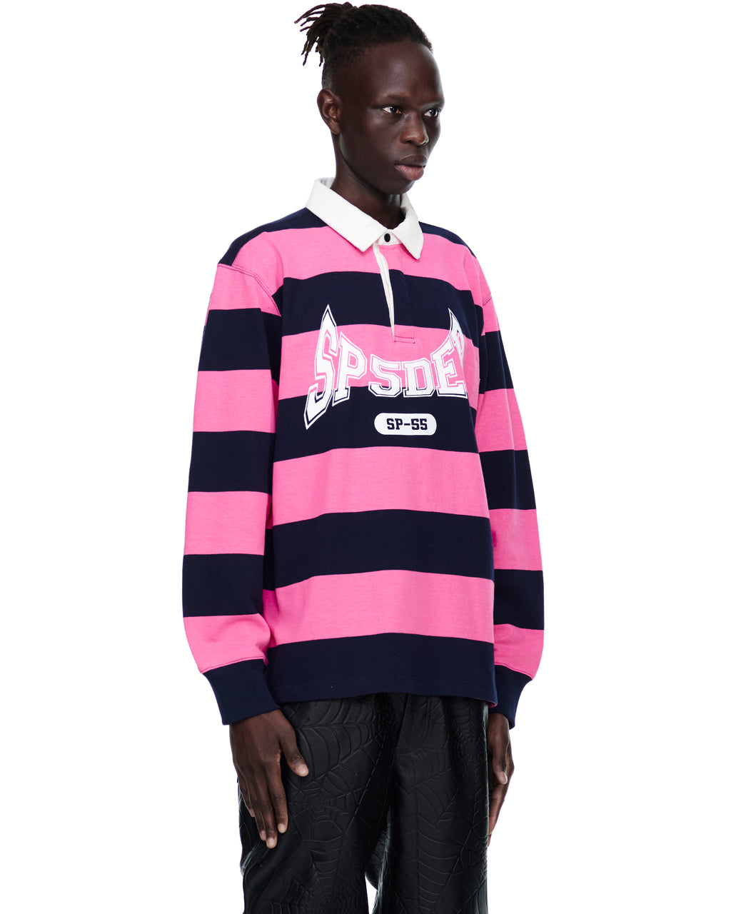 Pink and navy striped rugby shirt with white collar, "SP5DER" text, and custom racing patch.