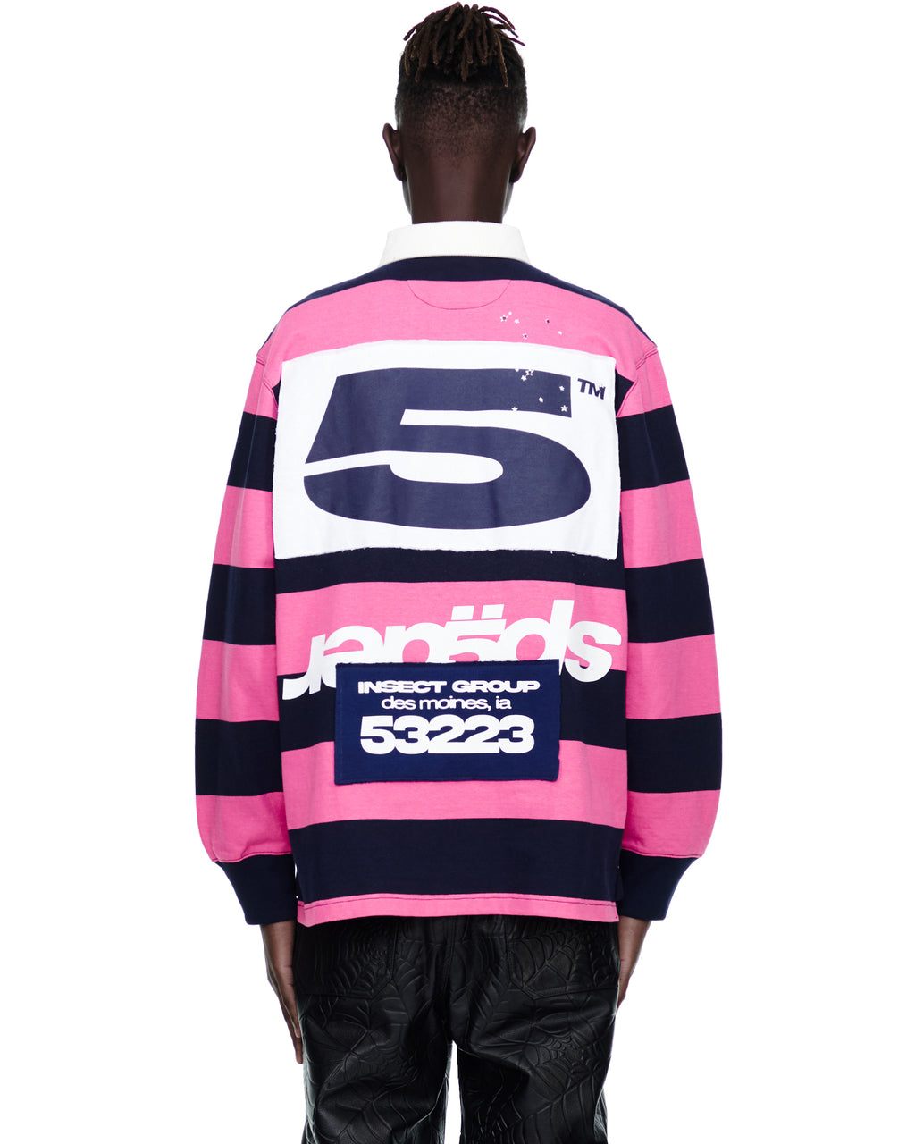 Pink and navy striped rugby shirt with large white '5' print and custom racing patch on back.