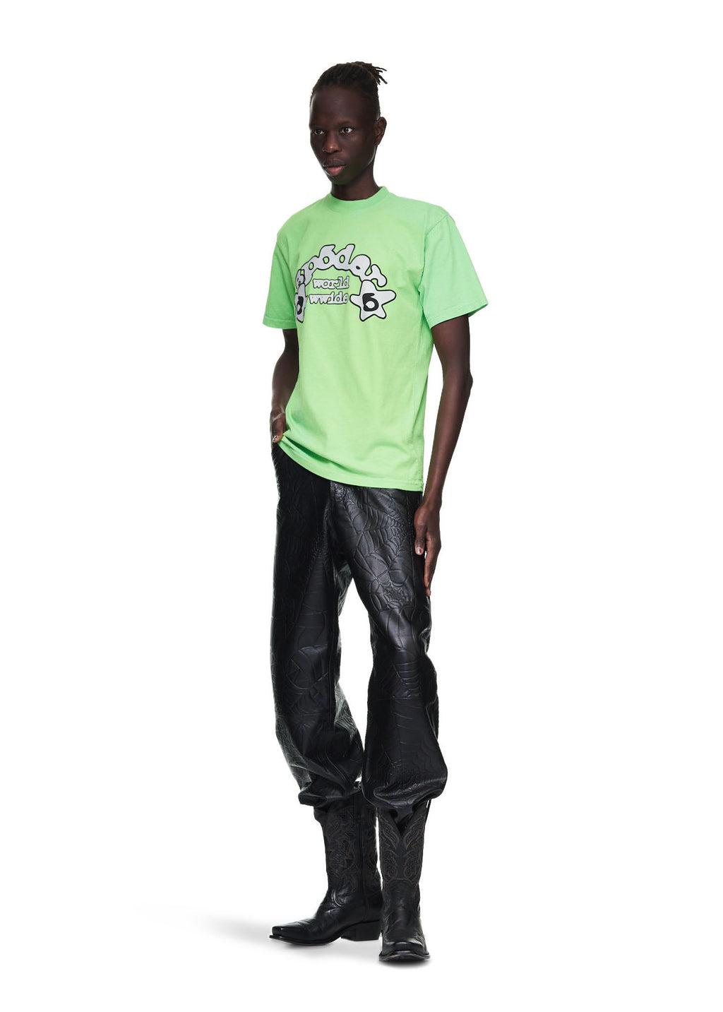 Male model wears a standard fit, slime green 100% cotton tee with a graphic print on the front.