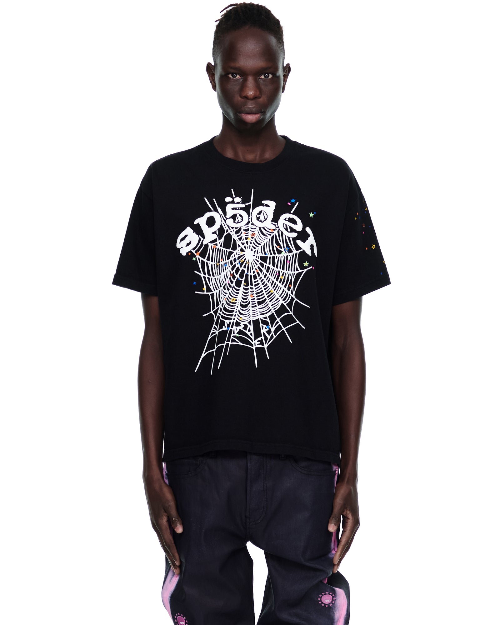Men's black cotton OG Web V2 Tee with white spiderweb graphic and colorful stars.