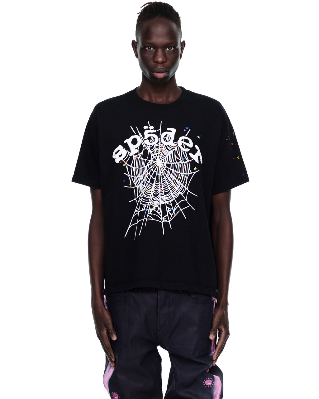 Men's black cotton OG Web V2 Tee with white spiderweb graphic and colorful stars.