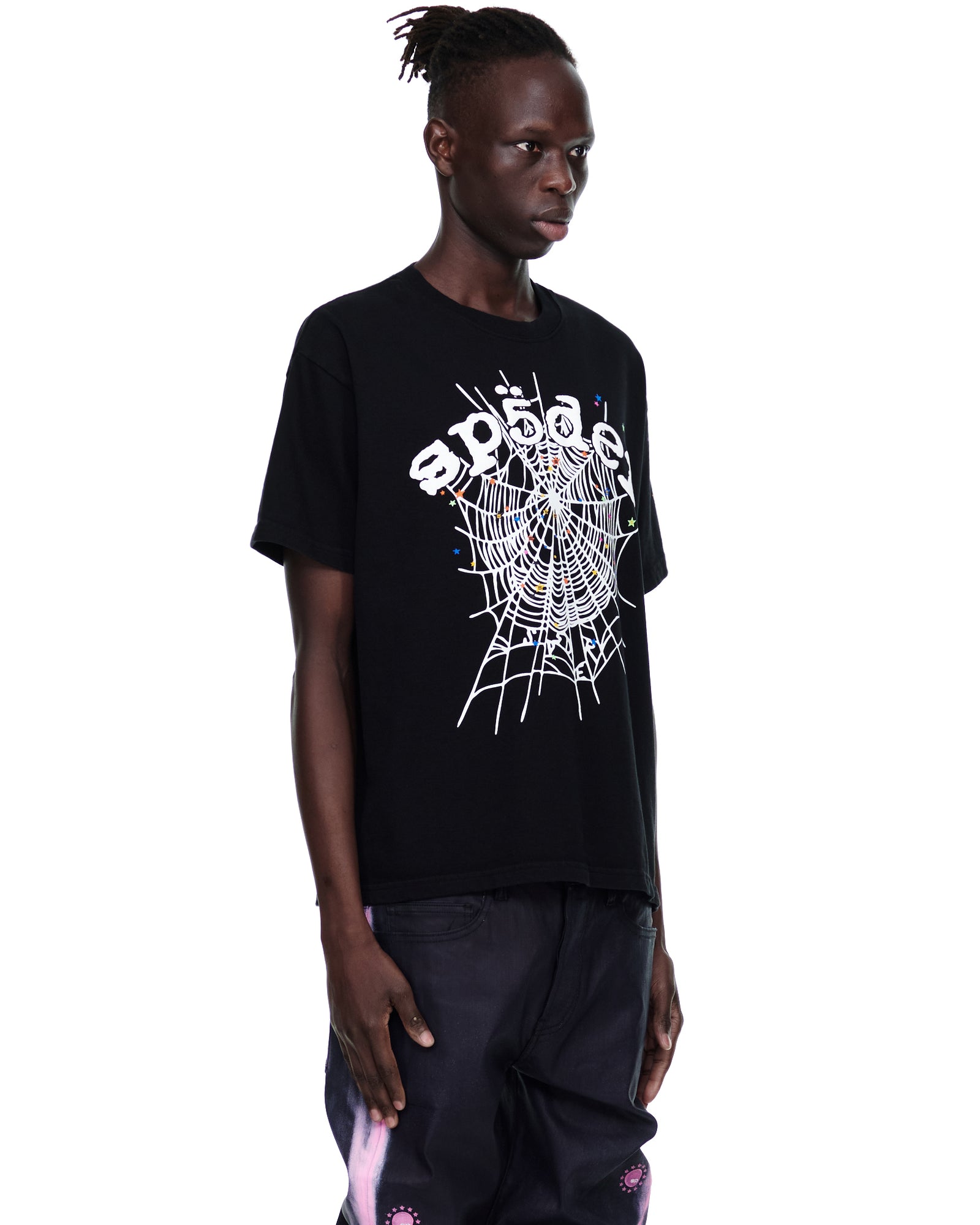 Black cotton MEN'S OG WEB V2 TEE with white spiderweb graphic on front, worn by a male model.