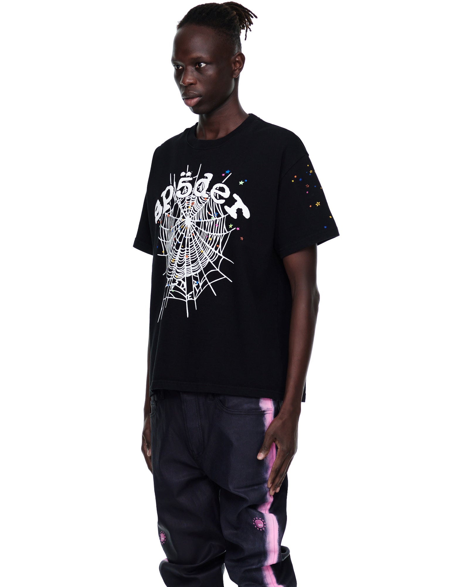 Men's black 14oz cotton OG Web V2 Tee with white spiderweb graphic and colorful stars.