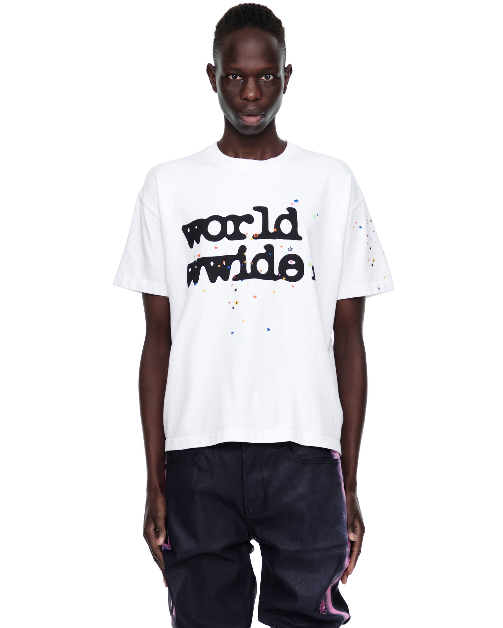 Men's white 14oz cotton tee with black "worldwide" print and colorful stars.