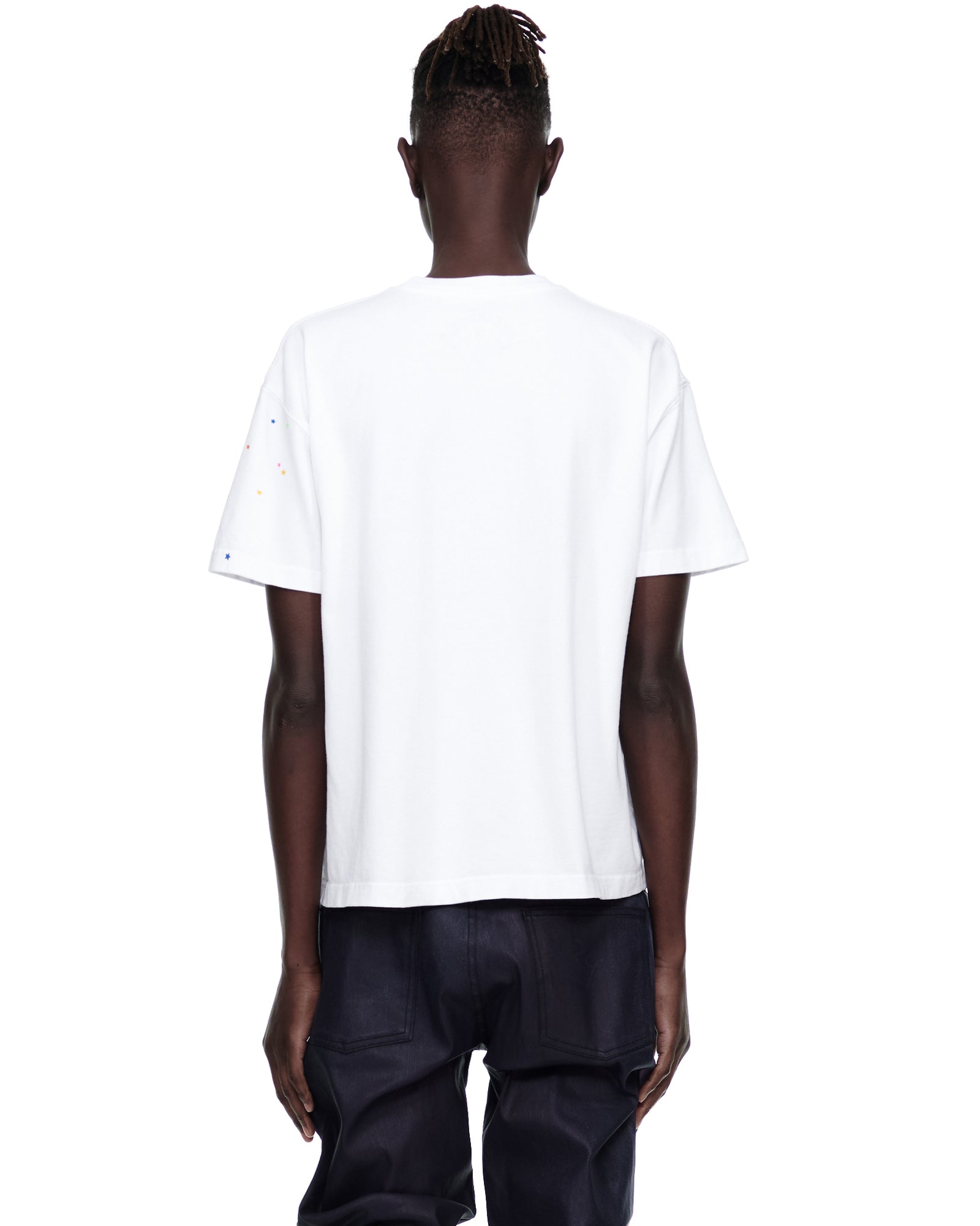 Men's white 14oz cotton tee, standard fit, with small colorful dots on the left sleeve.