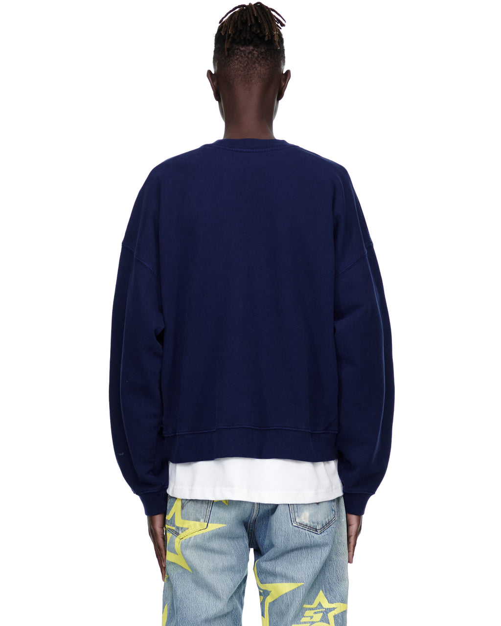 Back view of a male model wearing a navy blue Varsity Web Crewneck sweatshirt.