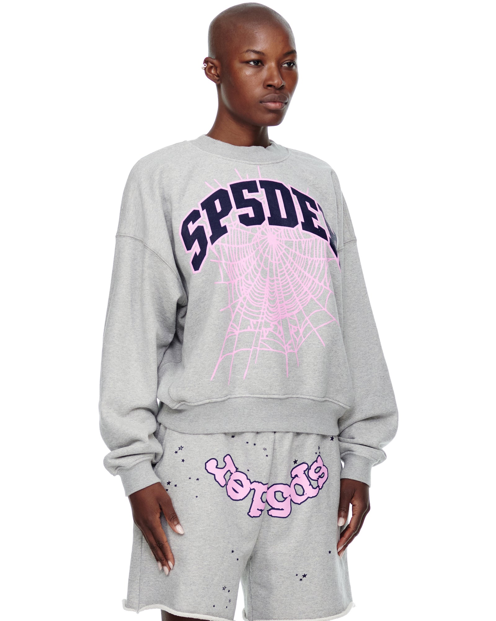 Gray VARSITY WEB CREWNECK with pink "SP5DE" text and spiderweb graphic.