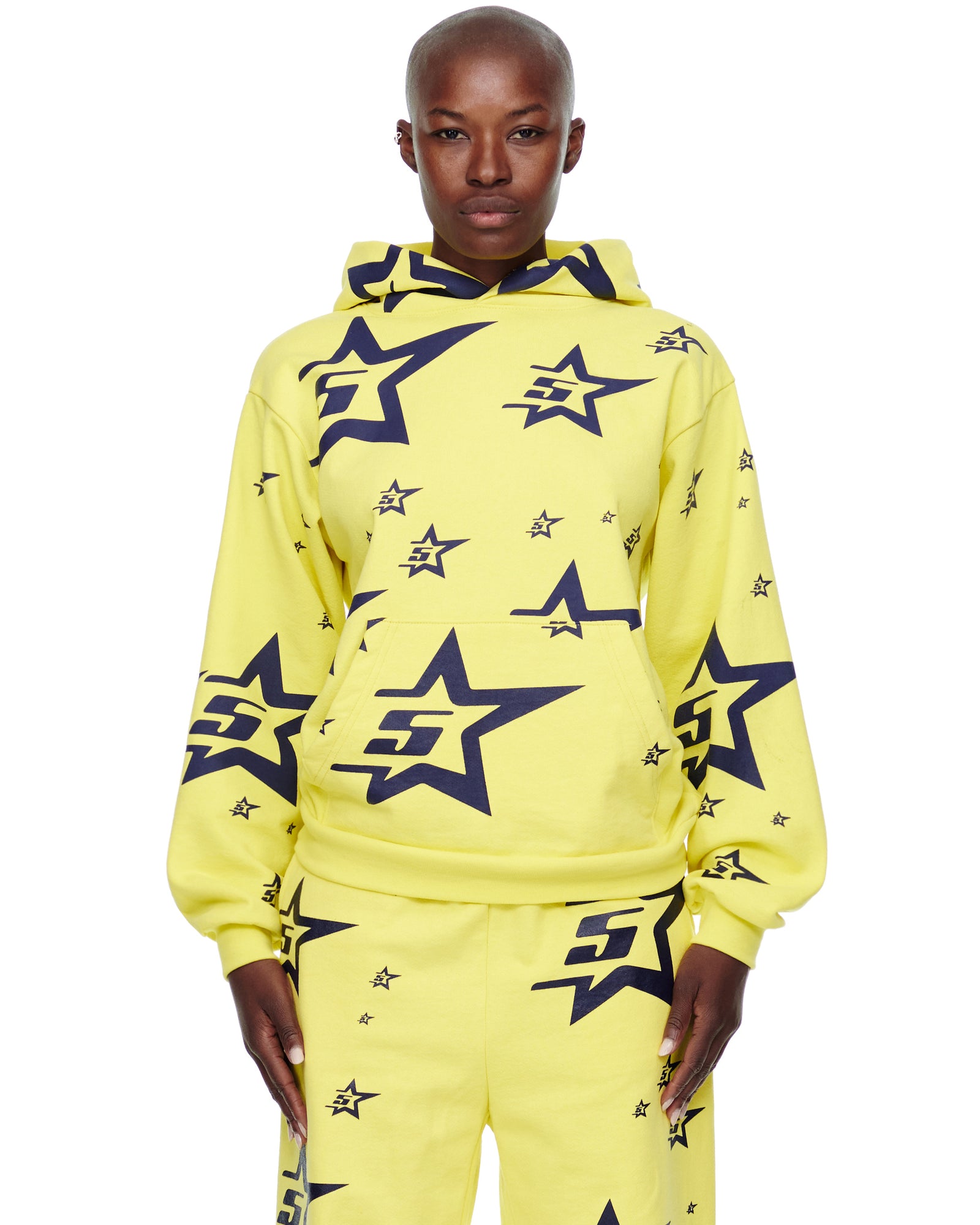 Yellow 23oz fleece 5STAR HOODIE with all-over navy screen-printed star and "5S" logo design.