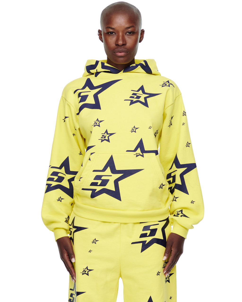 Yellow 23oz fleece 5STAR HOODIE with all-over navy screen-printed star and "5S" logo design.