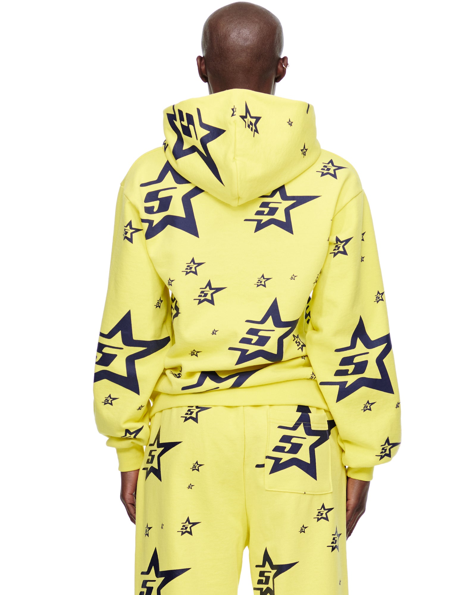 Yellow 23oz fleece 5STAR HOODIE with all-over screen-printed navy 5star logo and star pattern.