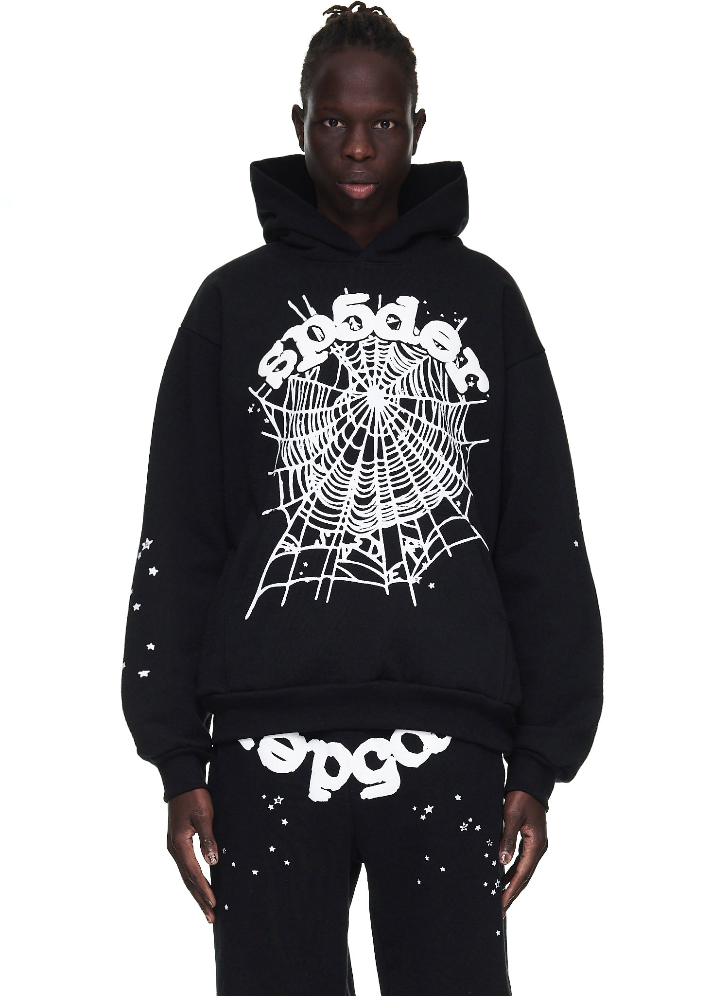 Black OG Web Hoodie with white "sp5der" text and spiderweb puff print on front.