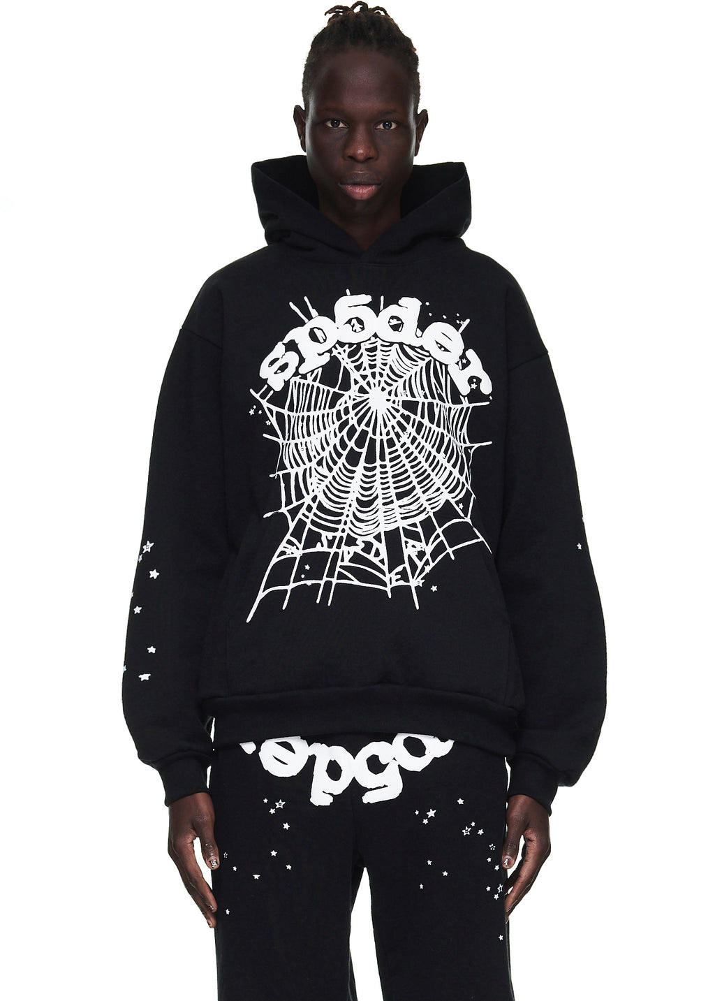 Black OG Web Hoodie with white "sp5der" text and spiderweb puff print on front.