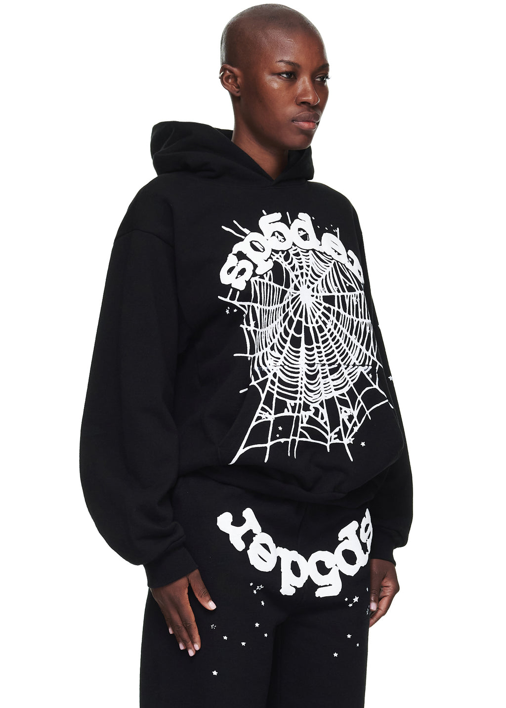 Black OG WEB HOODIE with white puff print SP5DER text and spider web design on front.