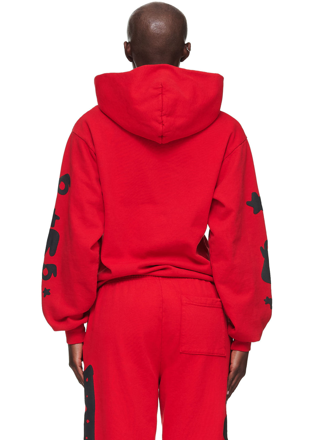Red Beluga Hoodie with black 'SP5DER' and star print on sleeves, paired with matching sweatpants.