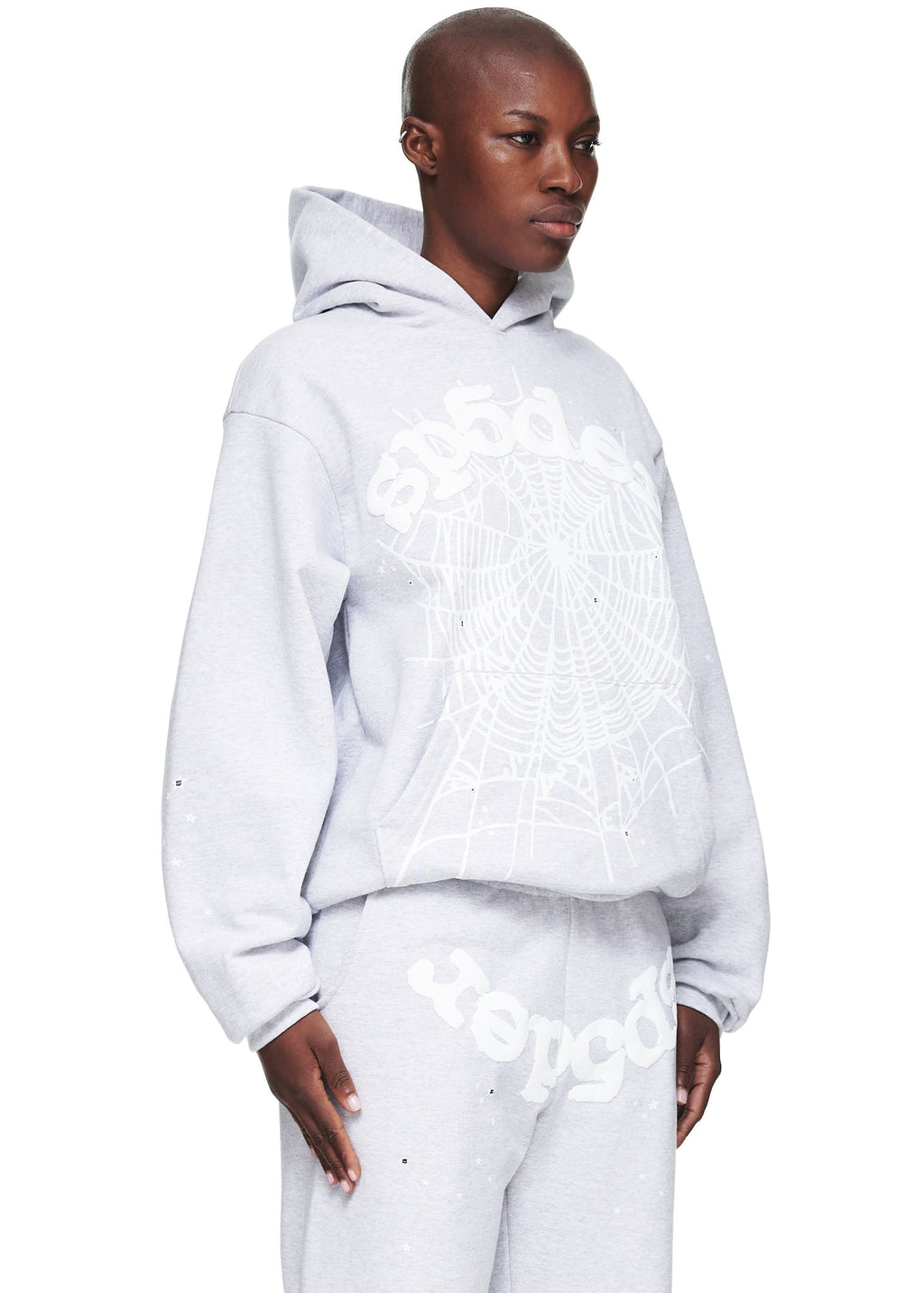 Heather grey OG Web Hoodie and matching sweatpants with white puff print spider web and text.