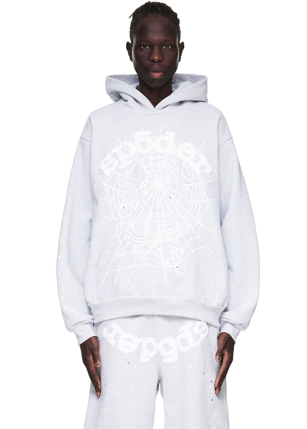 Heather Grey OG Web Hoodie with white puff print spiderweb and "SP5DER" text.