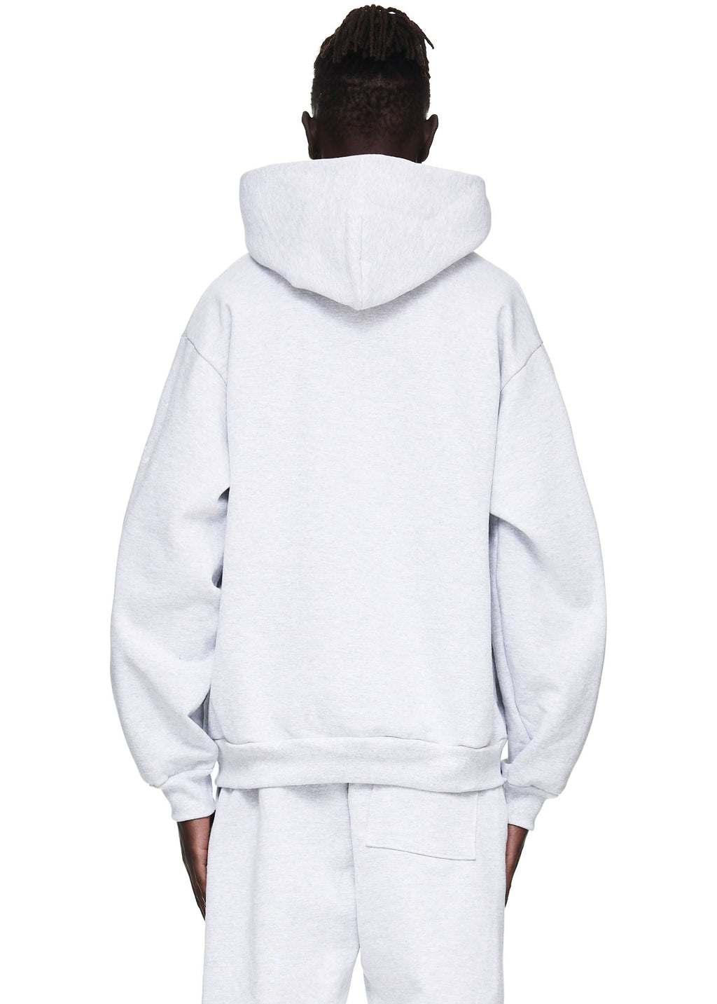 Back view of a male model wearing a heather grey 23oz fleece OG WEB HOODIE.