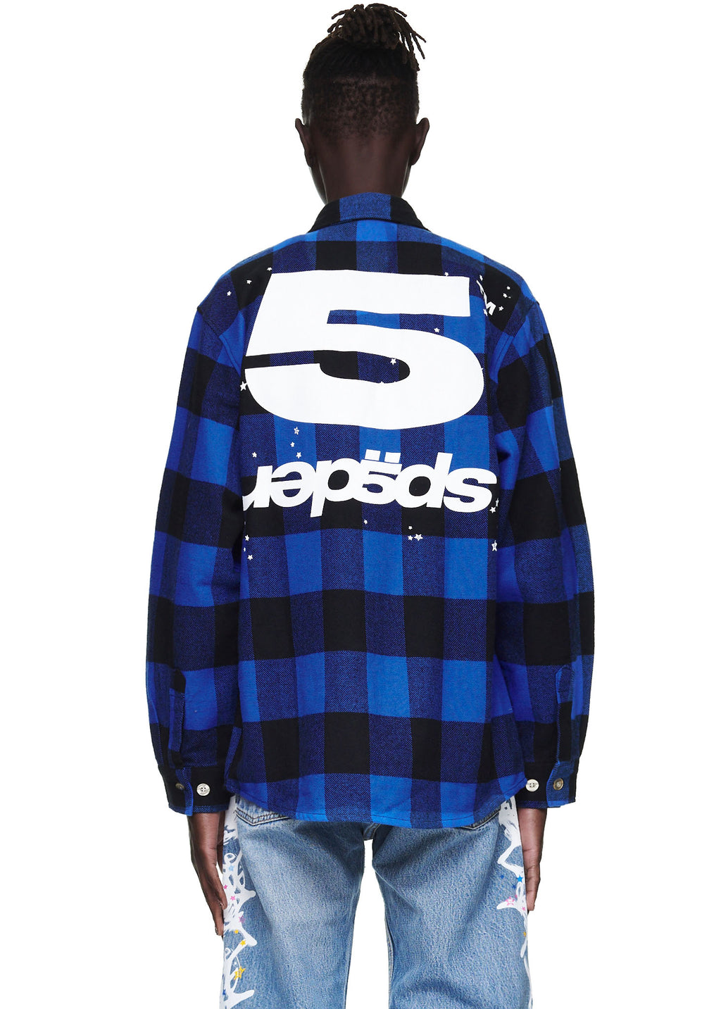 Back of a male model wearing a blue and black plaid flannel shirt with a large white "5" and upside-down text graphic.