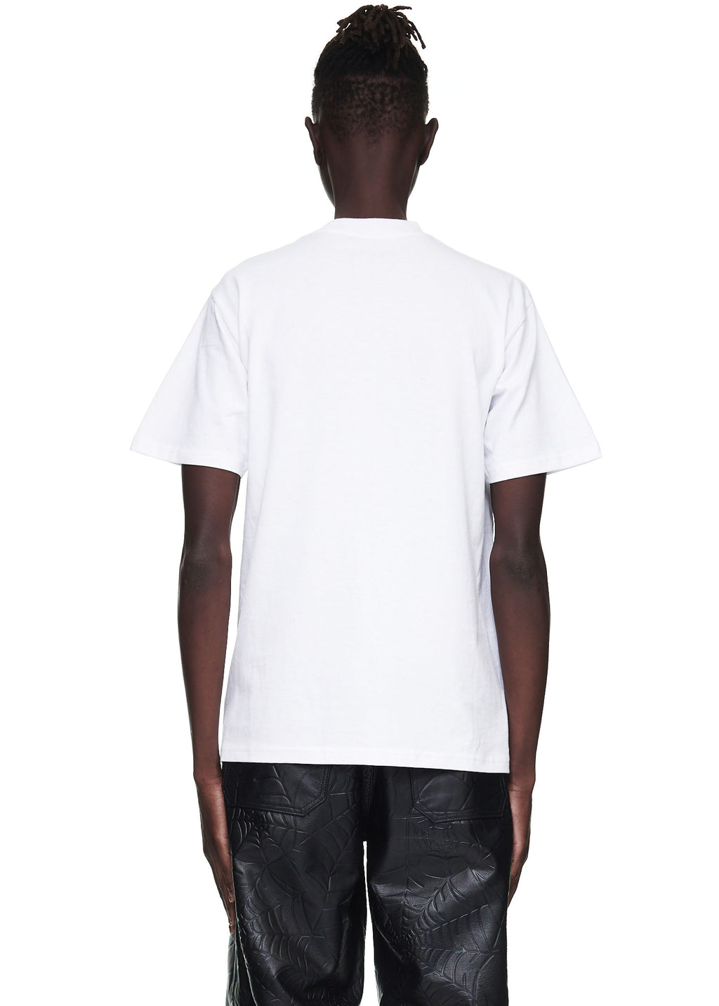 Back view of a male model wearing a white 100% cotton standard fit tee.