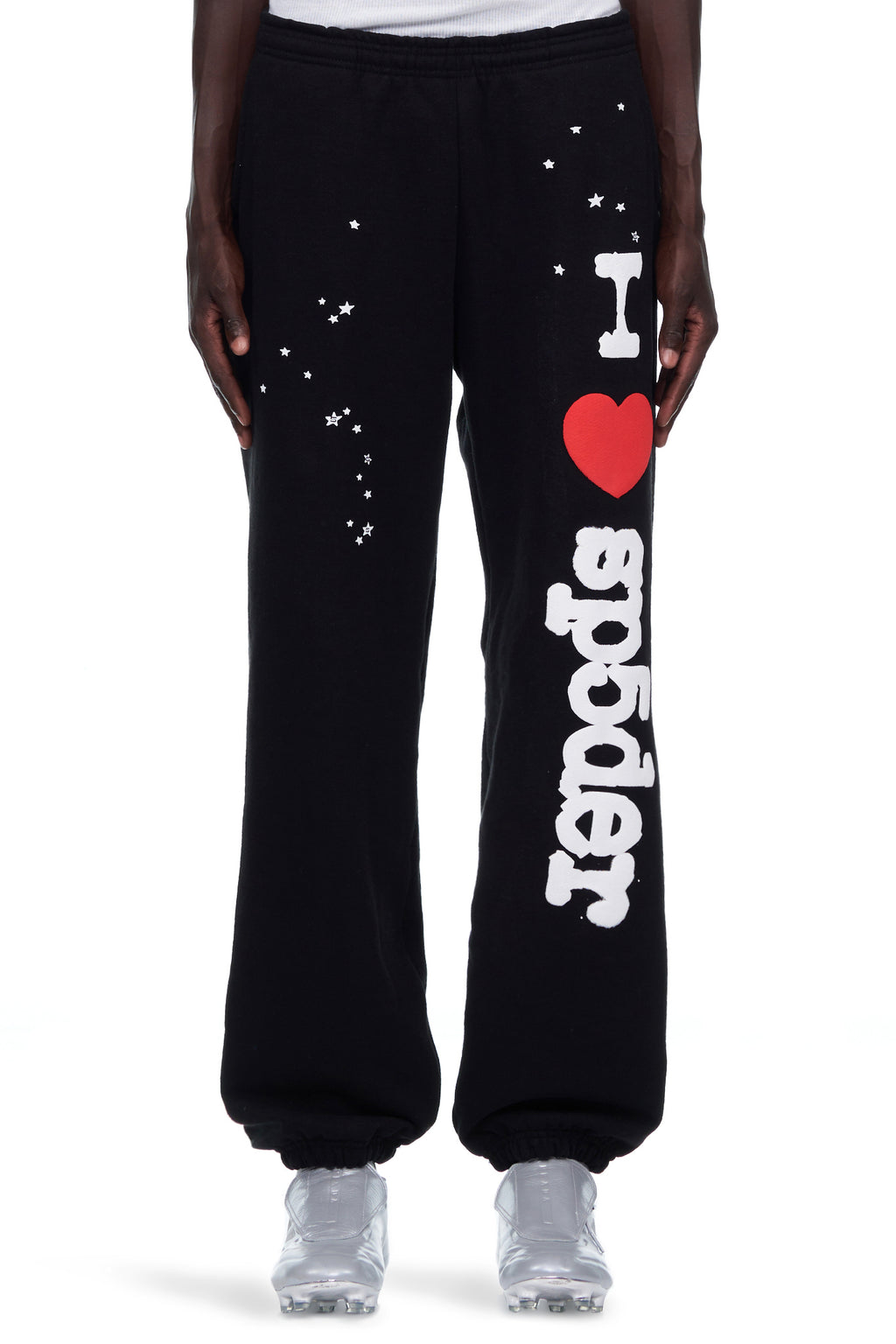 Black fleece sweatpants with "I ❤️ Sp5der" puff print and scattered white star prints.