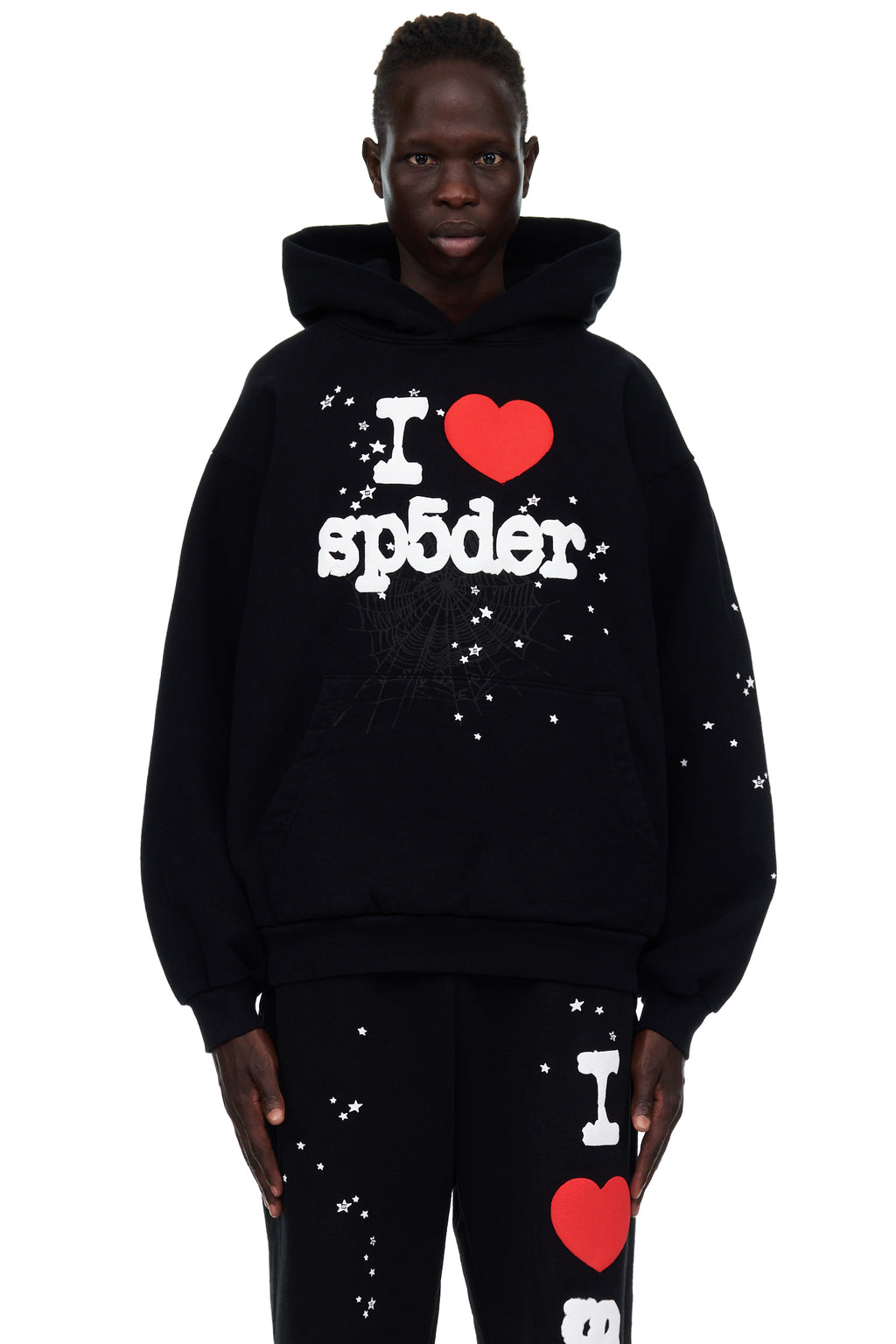 Black fleece hoodie with "I HEART SP5DER" puff print, star, and spiderweb design.