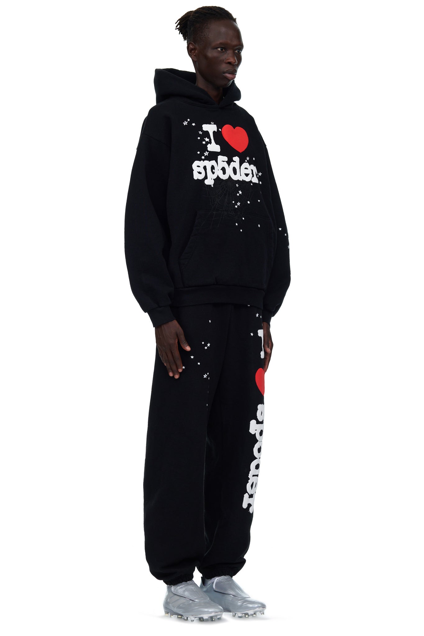 Black fleece hoodie and sweatpants with "I ❤️ sp5der" puff print and white star details.