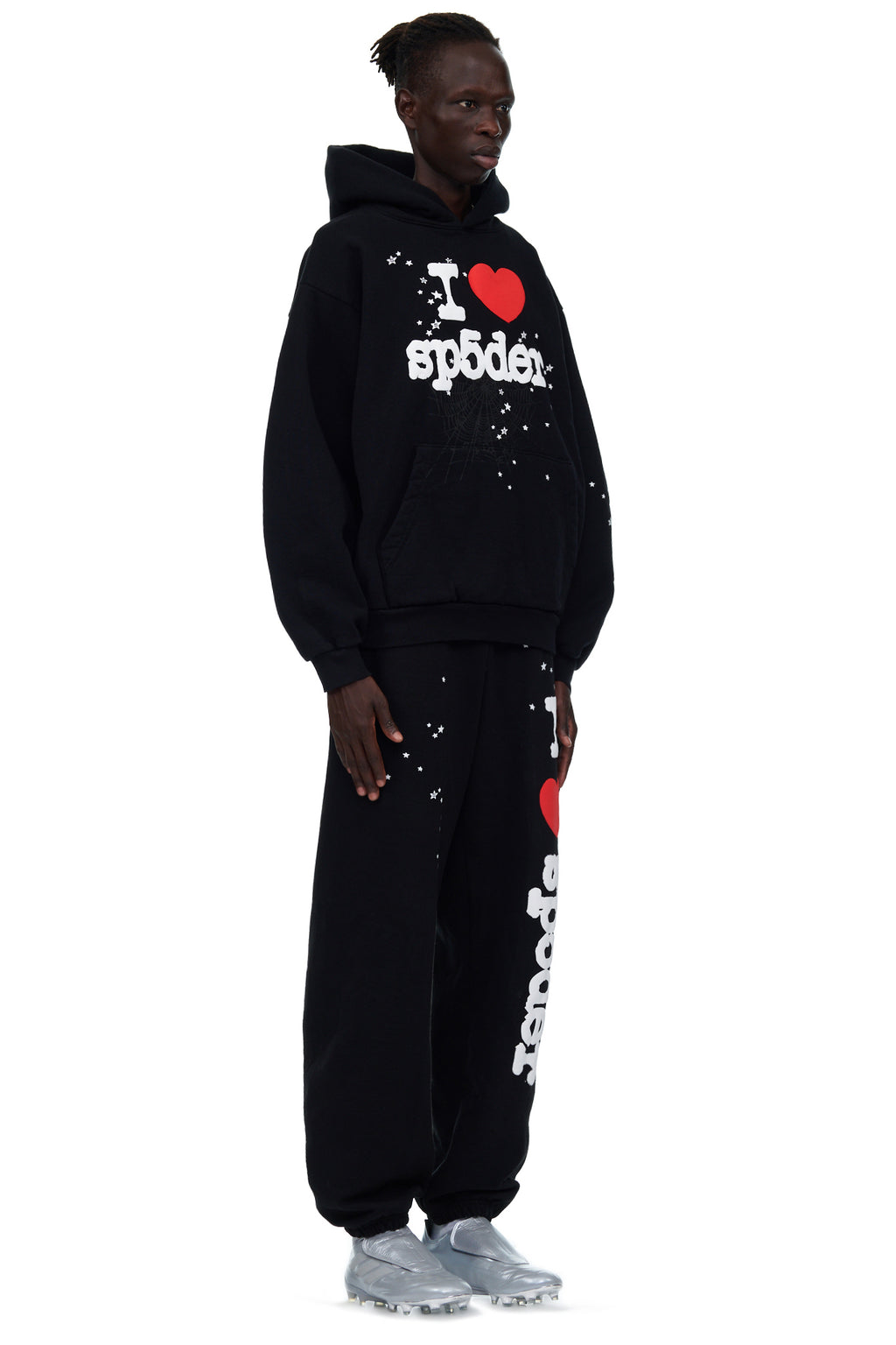 Black fleece hoodie and sweatpants with "I ❤️ sp5der" puff print and white star details.