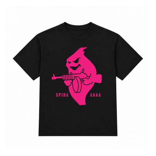 Black 100% cotton standard fit tee featuring a bright pink graphic print of a ghost holding a tommy gun with Spida Aaaa text.