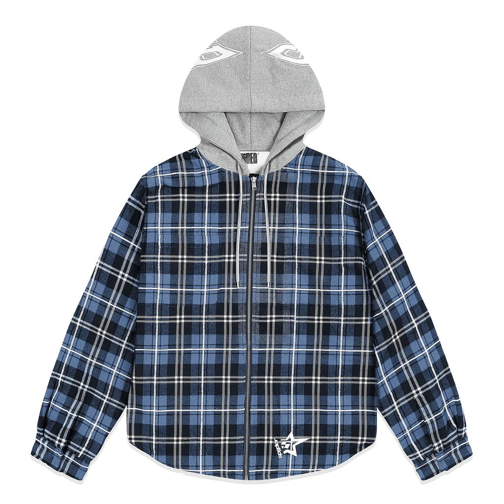 HOODED ZIP FLANNEL SHIRT JACKET BLUE PLAID