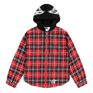 RED HOODED ZIP FLANNEL SHIRT JACKET