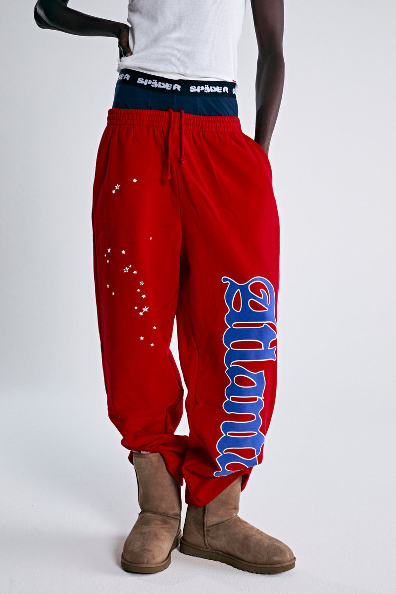 ATLANTA OPEN LEG SWEATPANT RED ON MODEL