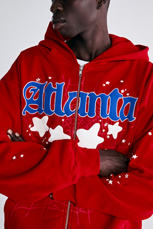 ATLANTA ZIP HOODIE RED ON MODEL