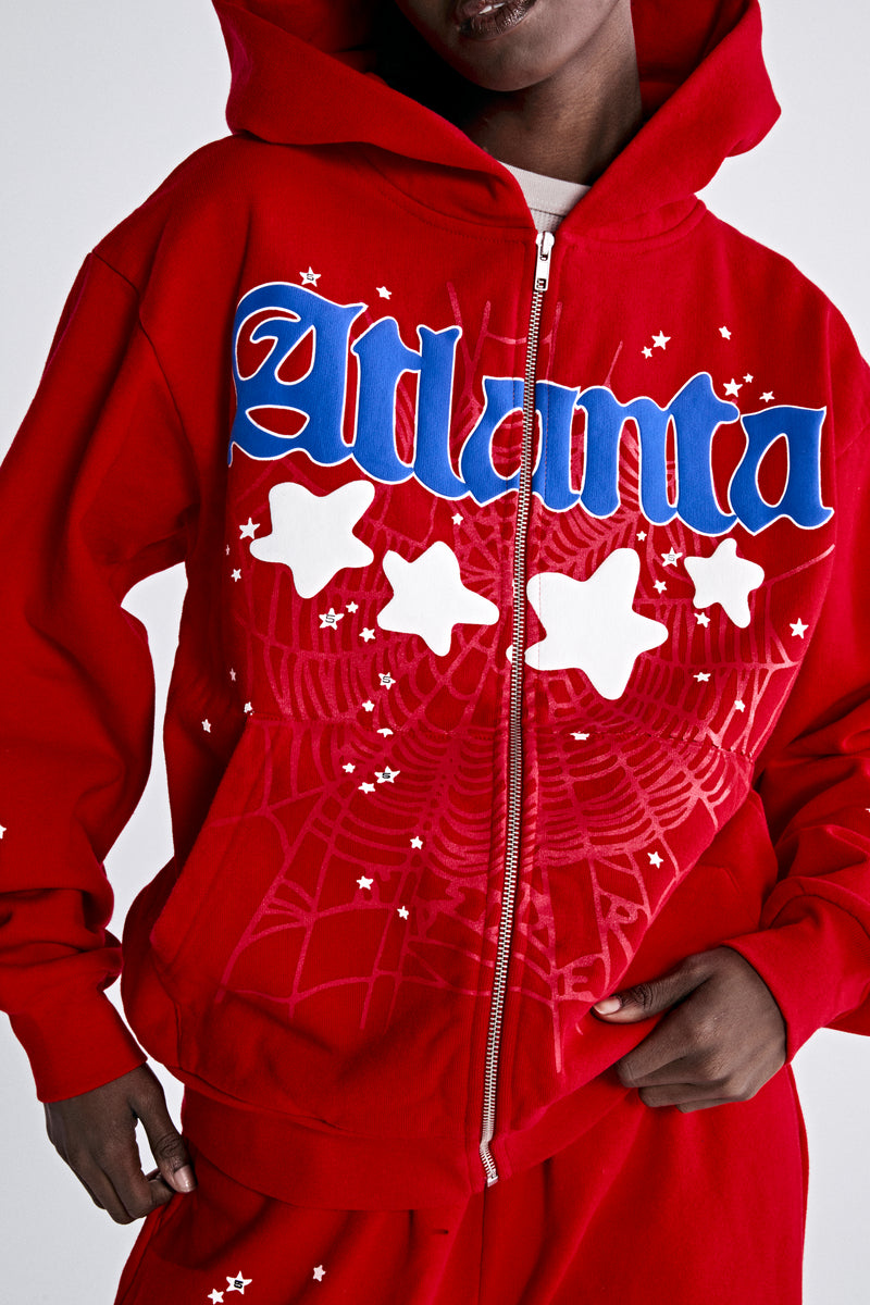 ATLANTA ZIP HOODIE RED ON MODEL