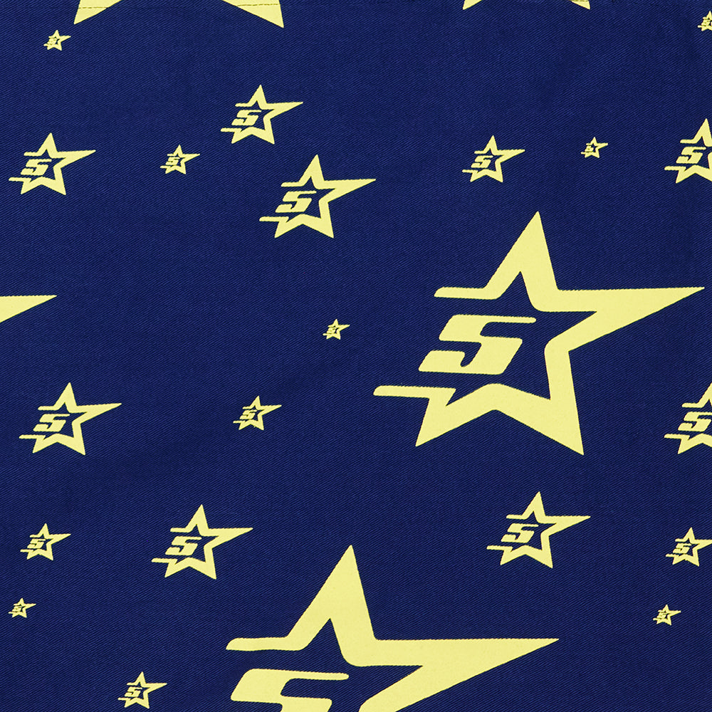 Close-up of the 5STAR XL TOTE, featuring a navy 8oz brushed twill with a yellow 5star print and star pattern.