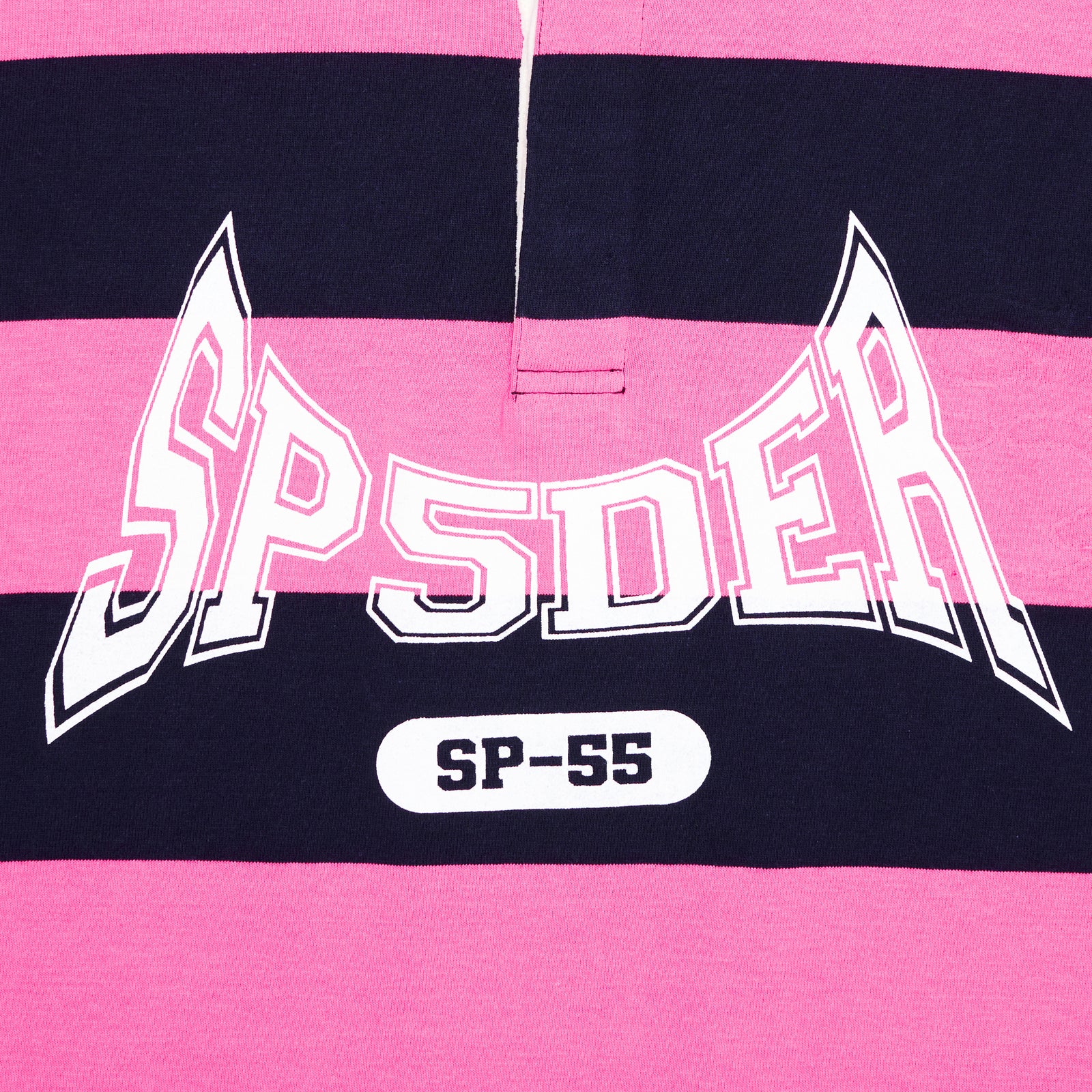 Pink and navy striped rugby shirt with white 'SP5DER' text and 'SP-55' patch.