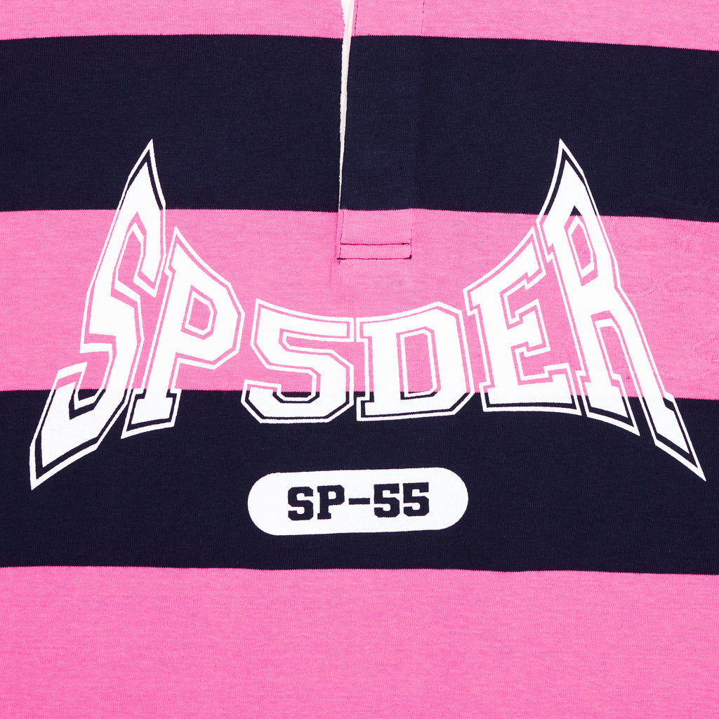 Pink and navy striped rugby shirt with white 'SP5DER' text and 'SP-55' patch.