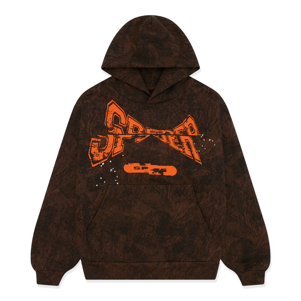 Brown tree camo hoodie with orange "SP5DER" chest print, kangaroo pocket, and rib knit details.
