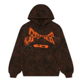 Brown tree camo hoodie with orange "SP5DER" chest print, kangaroo pocket, and rib knit details.