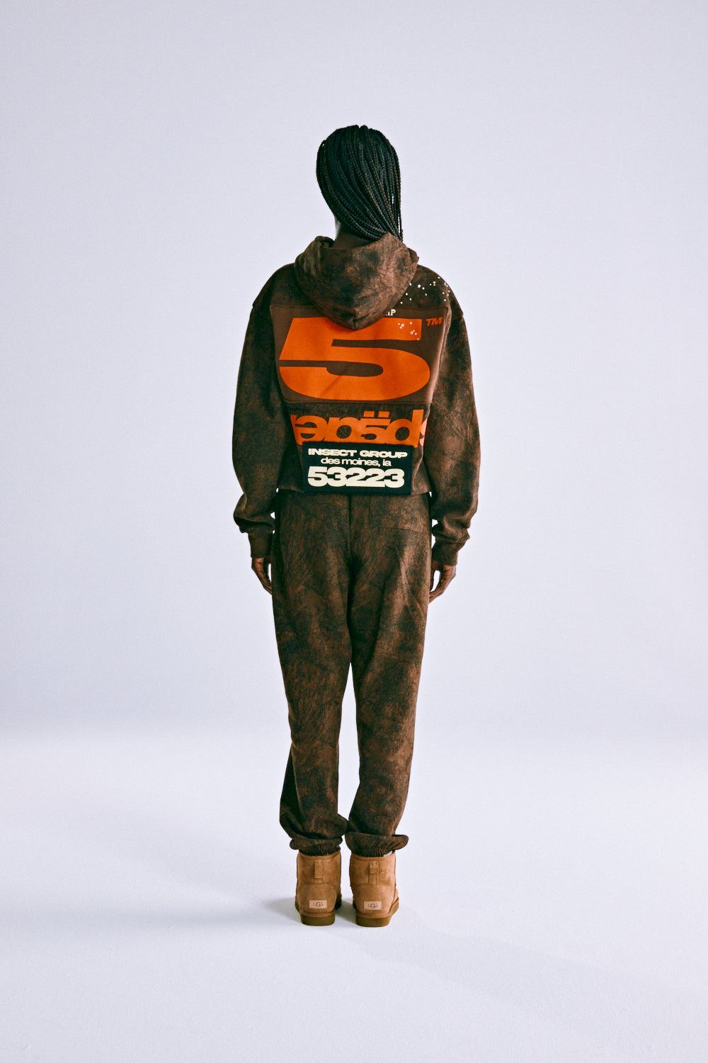 Brown tree camo hoodie with large orange '5' and "INSECT GROUP" text on back.