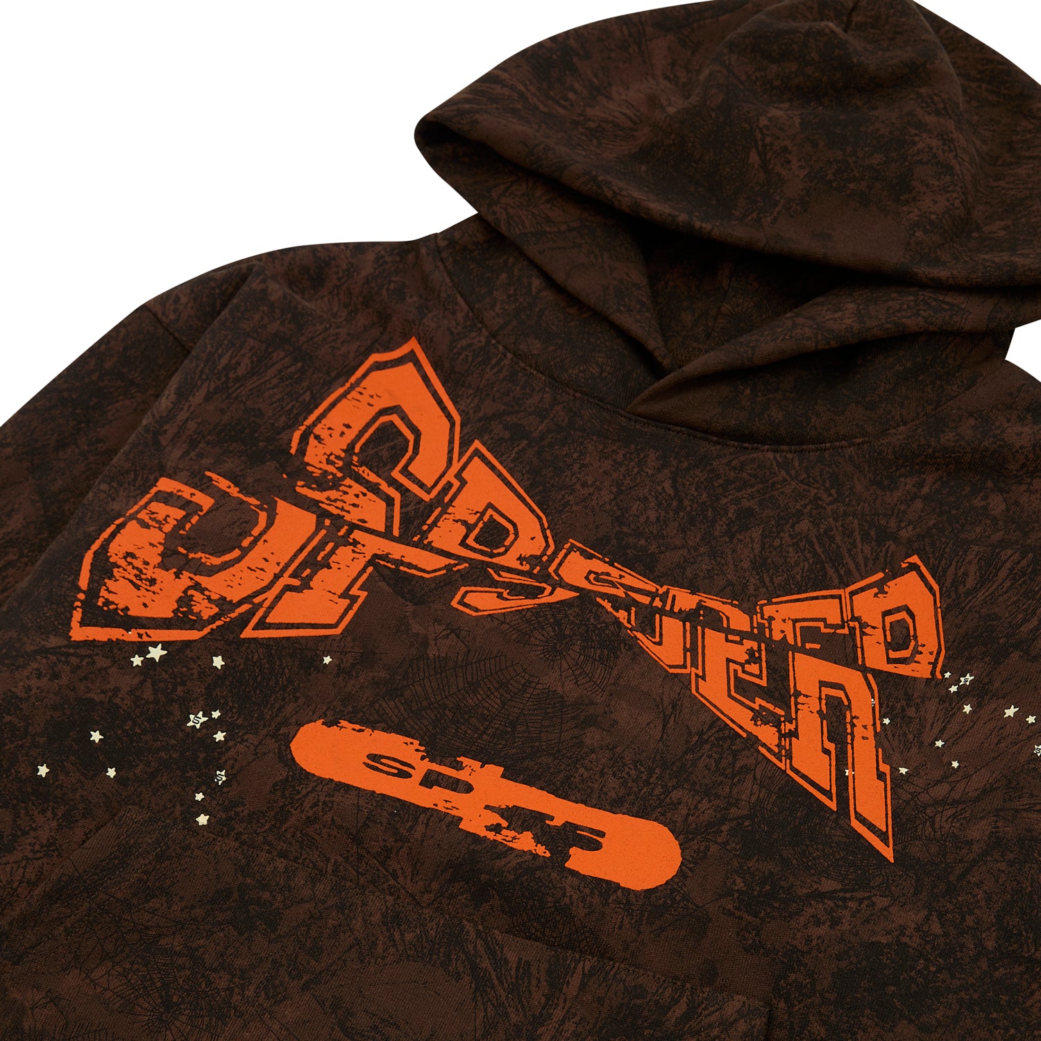 Brown T&F Tree Camo Hoodie with orange "SP5DER" chest print and custom racing patch.